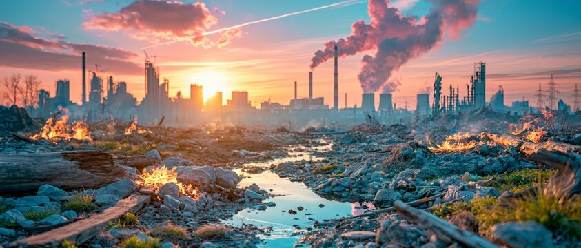 Environmental disaster concept showing a polluted industrial wasteland with factory smoke, fire, toxic debris, contaminated water, and dramatic sunset, symbolizing climate crisis and ecological 