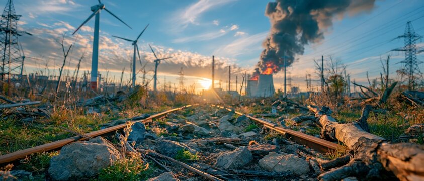 Abandoned railway track through a devastated industrial landscape with wind turbine, power line, burning factory, smoke, and sunset, symbolizing climate crisis and environmental disaster.