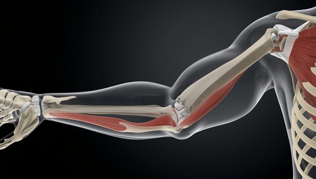 Human arm with detailed muscle and bone anatomy model performing flexion in studio setting with neutral background