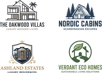 Fototapeta premium Real Estate Logo Collection Featuring Modern Villas Cabins Luxury Estates and Eco Friendly Home Concepts