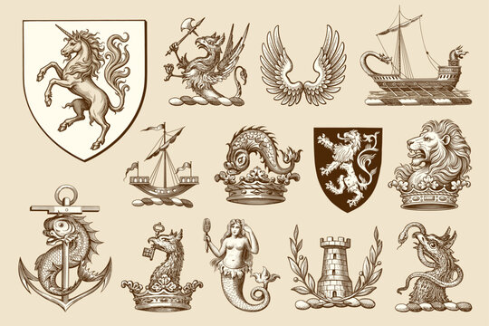 Monochrome line-art engravings of classic heraldic charges and crests, including a unicorn rampant, griffin holding an axe, sailing ships, anchors, crowns, a mermaid, and castle towers.