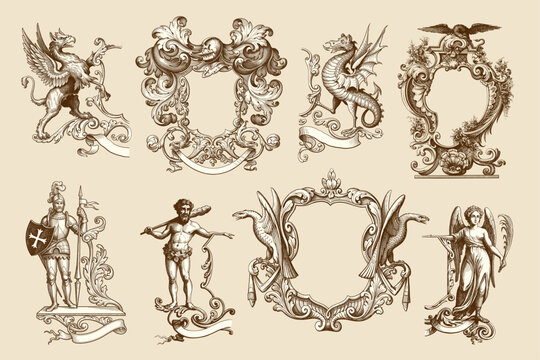 Monochrome line-art engravings of ornate heraldic elements, including supporters like knights, mythical beasts, and a wild man with a club, alongside detailed baroque frames and coats of arms.