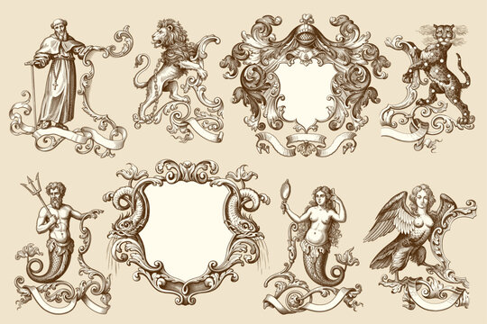 monochrome line-art engravings of allegorical and heraldic supporters, featuring mythical figures, lions, mermen, mermaids, harpies, and ornate baroque frames with scrollwork ribbons