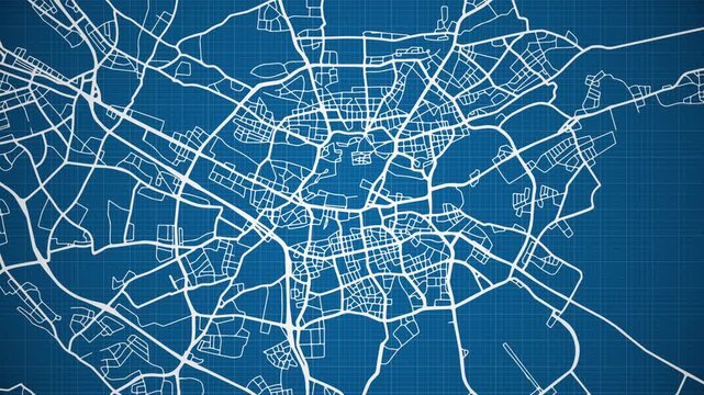 Ink reveal animation of Nuremberg (N&uuml;rnberg / N&auml;mberch) city, state of Bavaria, Germany, grid map. Aerial top view. Blueprint style. White lines with blue background. 4K Seamless loop.