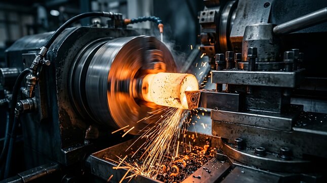Metal lathe machining process with glowing sparks