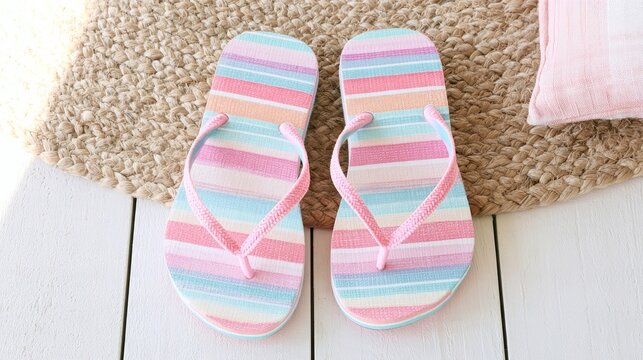 Two colorful beach sandals resting on white surface