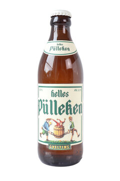 bottle of veltins helles p&uuml;lleken beer with a vintage style label design and crown cap, isolated on transparent background, germany, M&uuml;nster, september 16, 2026