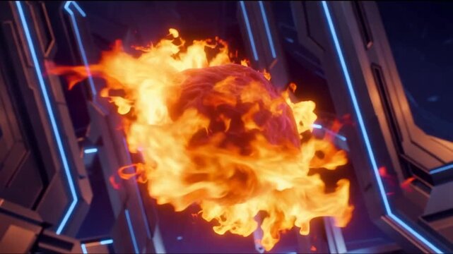 Purple energy orb burning in space with futuristic glowing structures behind it