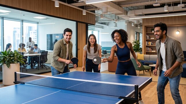Office Friends Playing Table Tennis Together