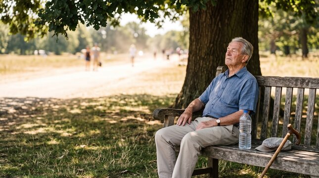Elderly man resting on park bench under tree shade seeking relief from extreme heat and climate change effects