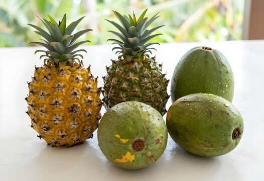 Healthy nutrition and tropical fruit harvest, fresh pineapples and soursop fruits on a table for organic diet and wellness lifestyle in a summer kitchen