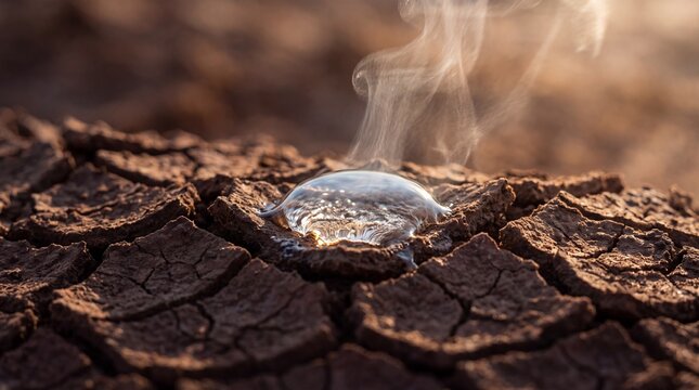 El Nino effect on dry cracked earth with a single water droplet evaporating in the heat symbolizing climate change and drought