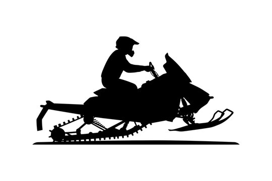 Silhouette of person riding snowmobile in motion on white background.