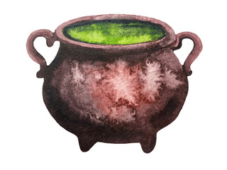 Hand-painted watercolor illustration of a spooky witch cauldron filled with glowing green potion, Halloween magic and fantasy concept, isolated on transparent background © Volodymyr