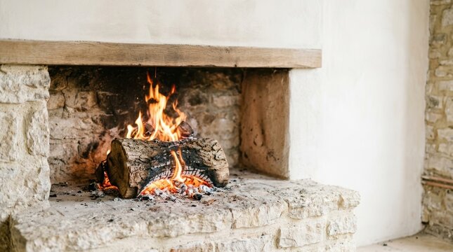 Yule log burning brightly in a rustic stone fireplace. Warm and cozy winter hearth with orange flames. Traditional holiday fire