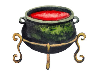 Hand-painted watercolor illustration of a spooky witch cauldron filled with glowing red potion, Halloween magic and fantasy concept, isolated on transparent background © Volodymyr