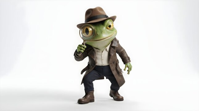 Anthropomorphic frog character dressed as a detective, standing upright on a clean white background with a curious investigative expression.