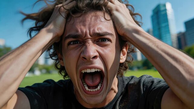 Frustrated young man holding head and screaming in anger at city park