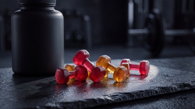 Dumbbell-Shaped Fitness Gummies with Supplement Bottle on Dark Slate
