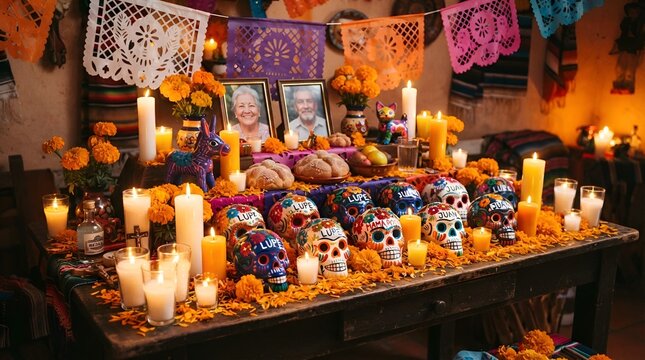 A Day of the Dead altar with candles and decorations D&Atilde;&shy;a de los Muertos Mexican Cultural Celebration