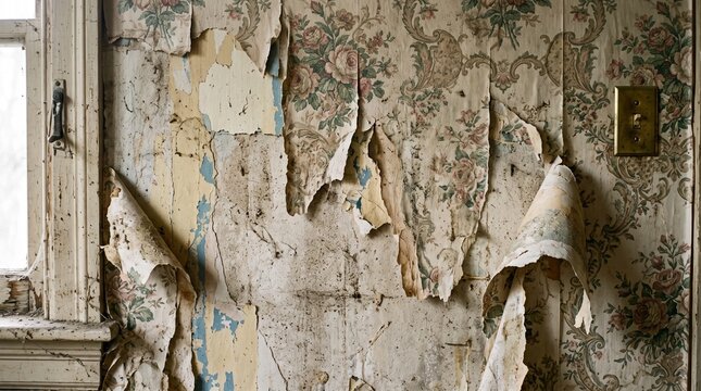 Peeling Wallpaper in Abandoned Room: The remnants of faded floral wallpaper hang in tattered strips, revealing layers of neglect in an abandoned room, evoking a sense of decay and lost history.