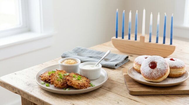 Traditional Hanukkah food spread with latkes and jelly donuts. Festive holiday table