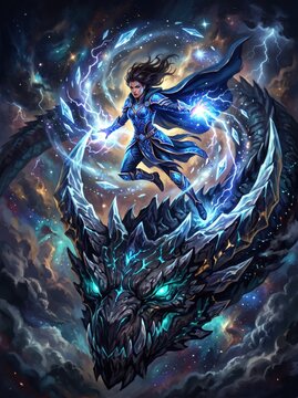 Fantasy female mage riding a cosmic dragon, powerful sorceress casting lightning magic, epic fantasy digital illustration
