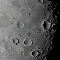 Fototapeta premium Space exploration and astronomy, detailed lunar surface with craters and shadows, moon landscape for science education and cosmic discovery background
