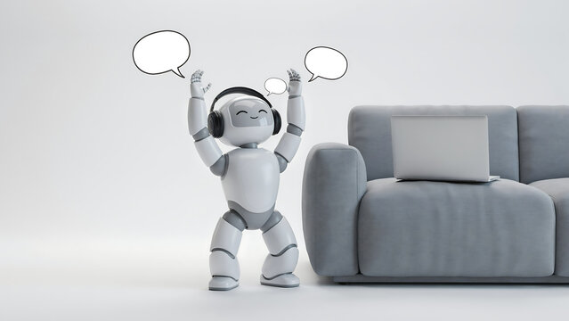 3d render of a happy robot with raised arms and speech bubbles standing beside a gray sofa with laptop celebrating success in a modern living room concept