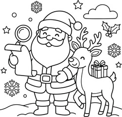 Fototapeta premium Santa claus with magnifying glass checking list, reindeer with gift, winter scene