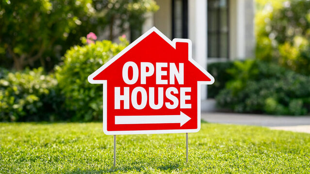 Red open house sign on a residential lawn with blurred home background