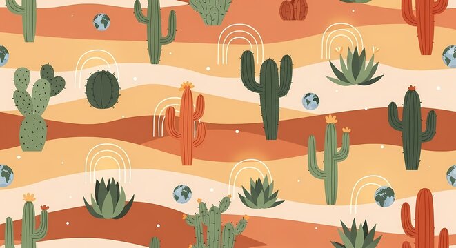 Seamless pattern with cute cartoon cacti and wavy desert landscape background.