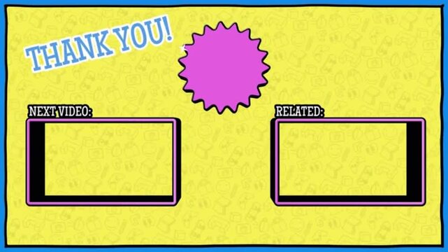 Fun comic book style end screen template with yellow background and video placeholders