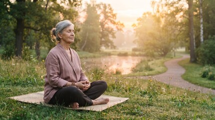 Fototapeta premium Senior woman meditating peacefully in a serene park at sunrise