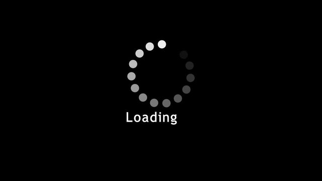 Classic preloader loading animation spinner icon with text on dark background motion graphic video element for web design, app interface, video buffering screen and system processing indicator.
