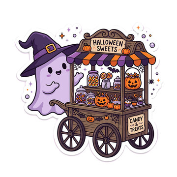 Cute ghost pushing a wooden cart filled with halloween candy and treats witch hat trick or treat jack o lantern halloween sweets ghost character candy store wagon wheel