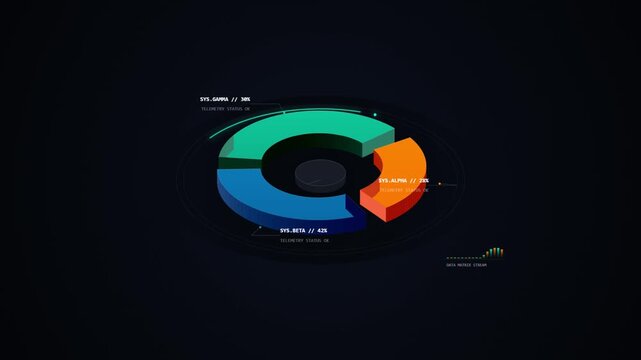 3 d animated pie chart hud interface with rotating data segments and telemetry metrics