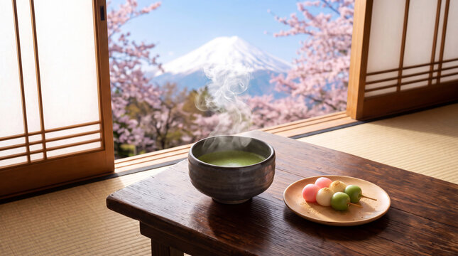 Hot matcha green tea and dango sweet by tatami room window with blurred Mount Fuji and cherry blossoms background.