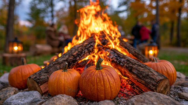 Halloween bonfire gathering in a forest clearing with pumpkins, warm lanterns, wooden logs and friends seen as distant silhouettes, autumn trees surrounding the scene, evening glow, cozy outdoor cel
