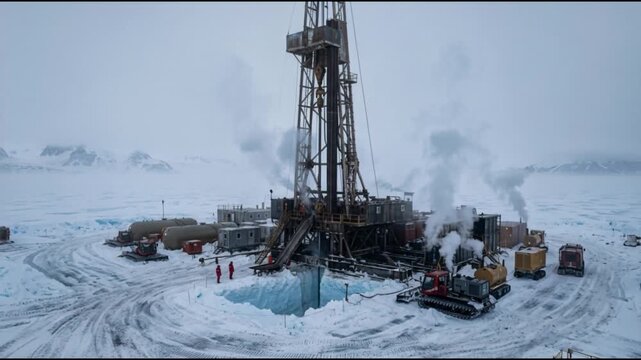 Oil Drilling Rig Operating in Snowy Landscape