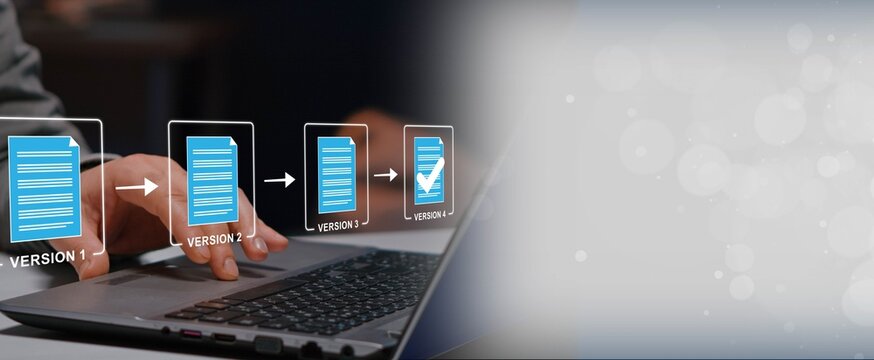 Document version control and revision history concept. digital files, change tracking, online document control, edit approval workflow, verified update
