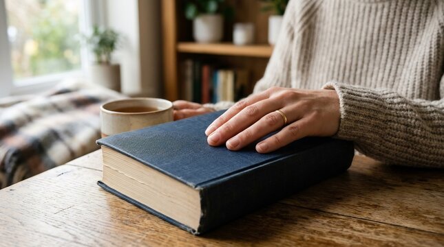 Person wearing a knitted sweater resting fingers gently upon a closed blue book on a wooden desk.