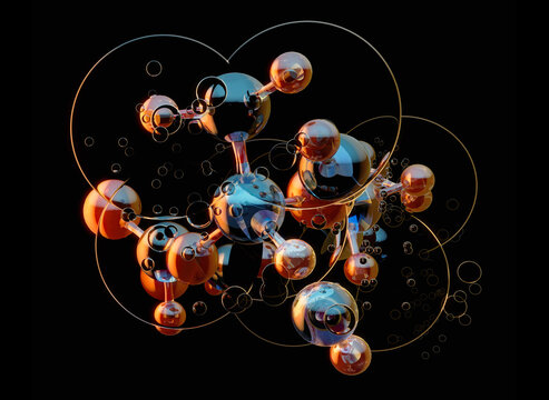 Molecular structure, chemistry, biotechnology and scientific research concept with reflective spherical particles, molecular bonds and orbital elements in a blue and orange abstract composition. 3D