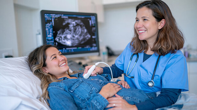 Side view of a healthcare professional performing abdominal sonography with a handheld ultrasound probe, diagnostic image displayed prominently on the medical monitor, patient resting comfortably on