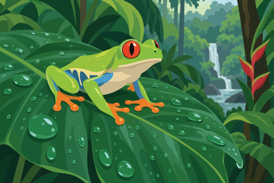 Vibrant Red Eyed Tree Frog Perched on Lush Green Leaf in Rainforest.