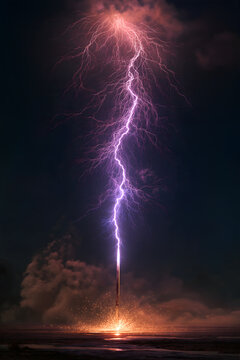 Thunder subduing hero confrontation, dark violet lightning from purple threads like nerves, silver light spear piercing center below, tip bursting gold sparks, storm void, heavenly force confrontation