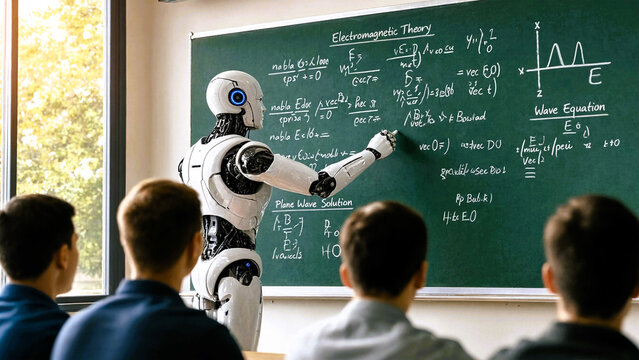 Humanoid robot teaching physics to students in a classroom