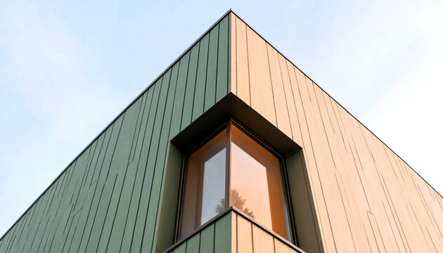 Modern sage green and sand colored building corner with window