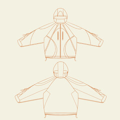Hooded Windbreaker Jacket Flat Sketch Front and Back   Fashion Technical Drawing for Sportswear and Streetwear Design Tech Pack © Haseb