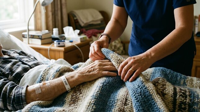Caregiver adjusting a knitted blanket for a senior patient in a home or medical setting